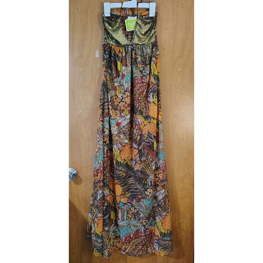 Deja Vu Maxi Dress Sz M Halter Boho Tribal Summer Beach Coastal Vacation